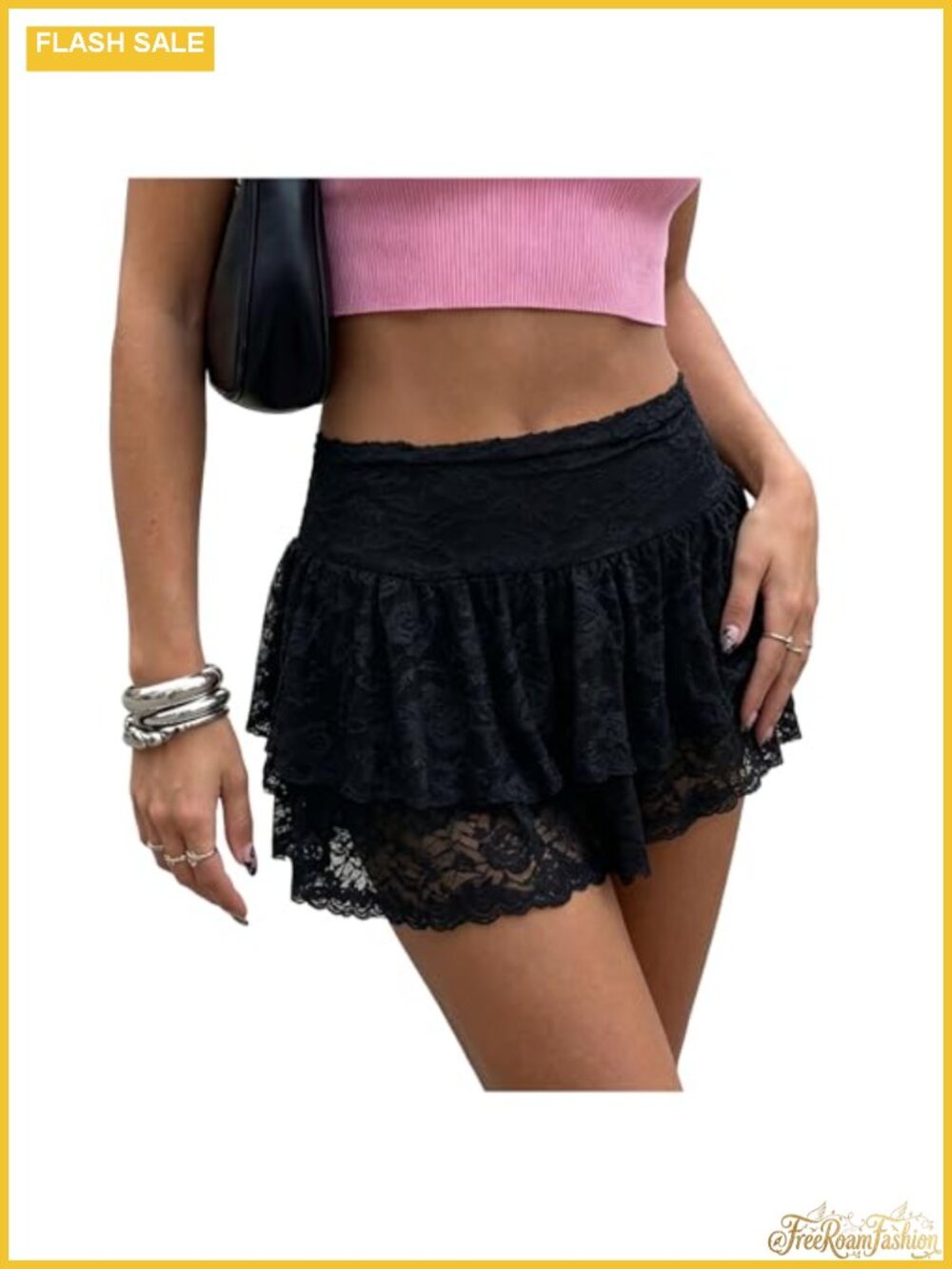 Floral Lace Mini Skirt Low Rise Pleated Ruffle Skirt with Shorts for Women
